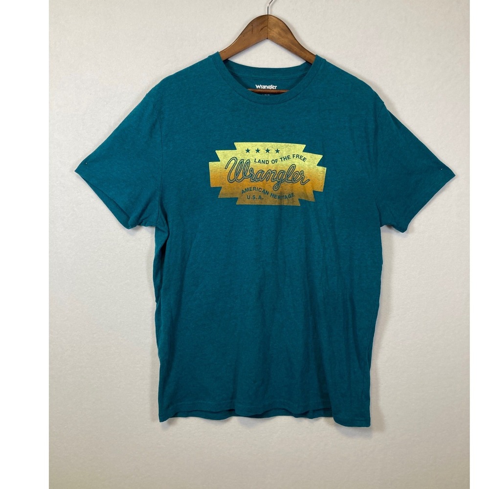 Wrangler Graphic Tee Mens Large Teal American Heritage Land of the Free Shirt